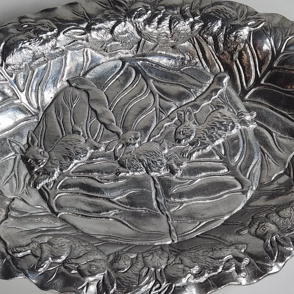 Vintage 1990 Arthur Court Rabbits & Lettuce Aluminum Serving Oval Platter Tray